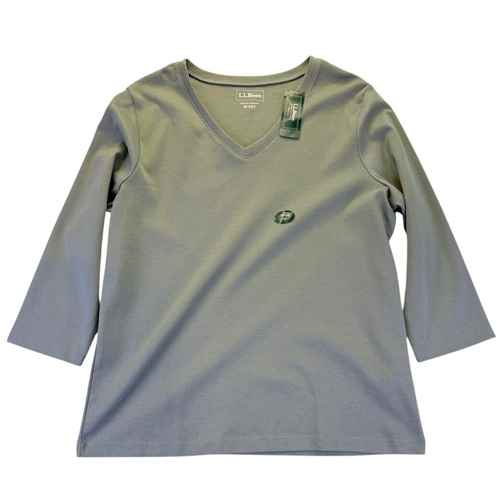 NWT LL Bean Women's Petite M Faded Sage V-Neck 3/4 Sleeve Interlock Top Gorpcore